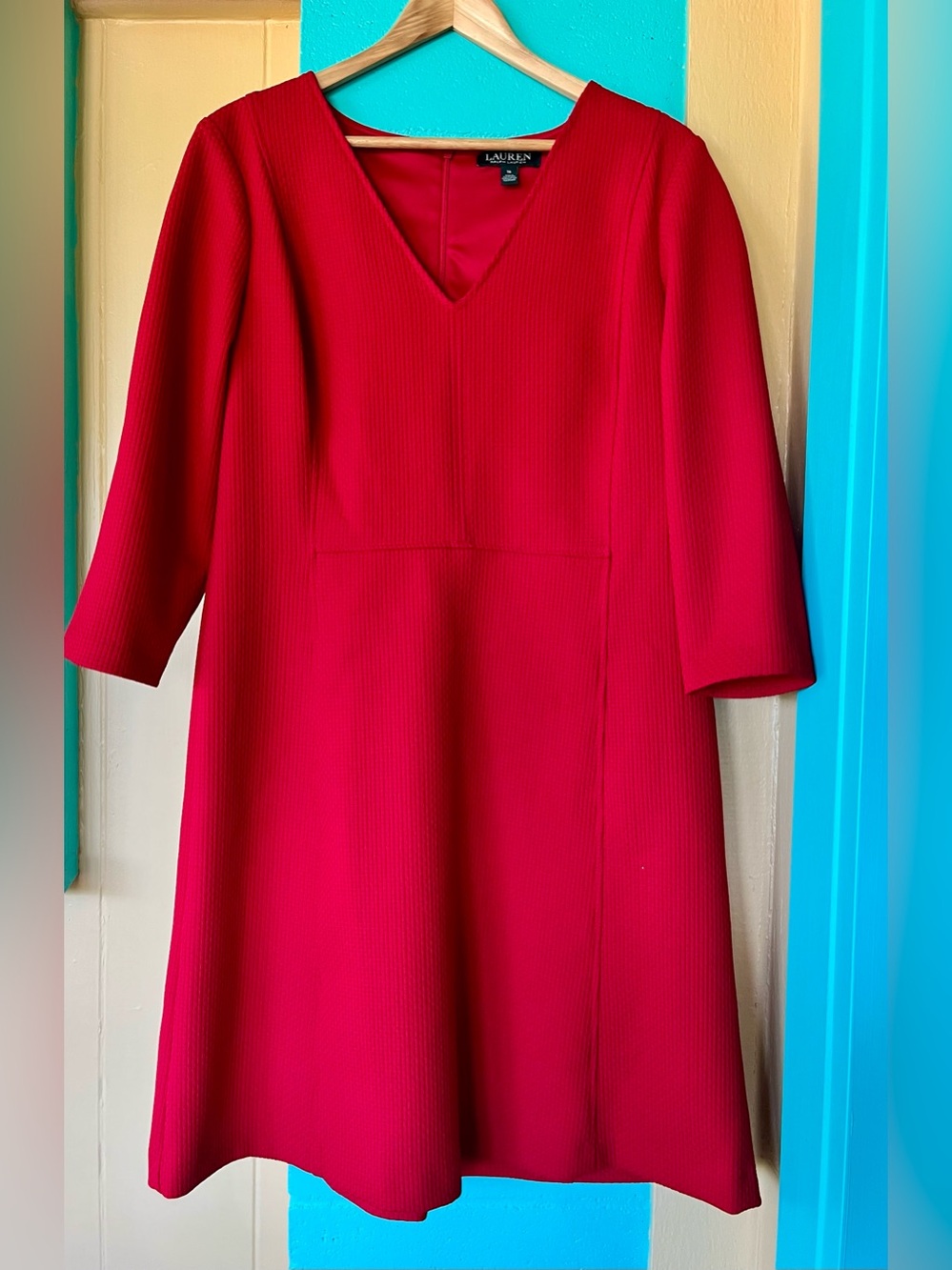 Ralph Lauren Red V-Neck A-Line Dress Three-Quarter Sleeves Holidays | Size 14